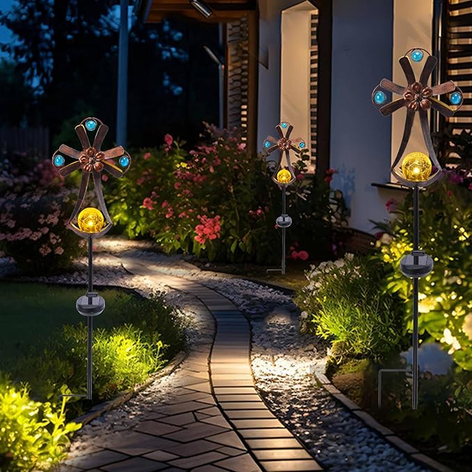 VCUTEKA Solar Garden Lights Cemetery Metal Flower Decor Colorful Solar Pathway Light with LED Cracked Crystal Ball Outdoor Decorative Stake for Patio Yard Lawn Garden Decor (Cross)