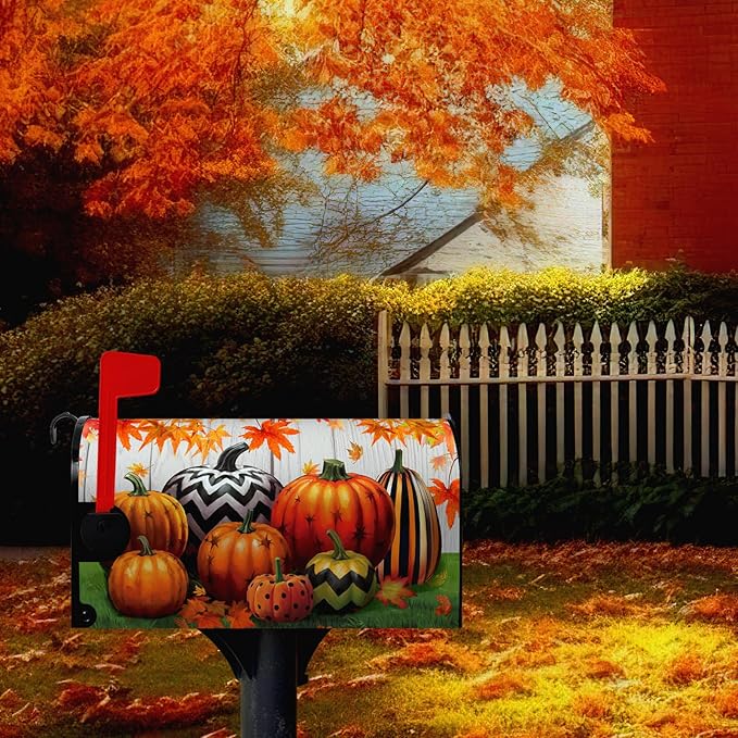 Fall Harvest Mailbox Covers Magnetic Standard Size Thanksgiving Pumpkin Mailbox Cover Autumn Maple Leaves Mailbox Post Cover Waterproof Mailbox Decor Mailbox Wraps for Garden Yard 21 * 18 Inch
