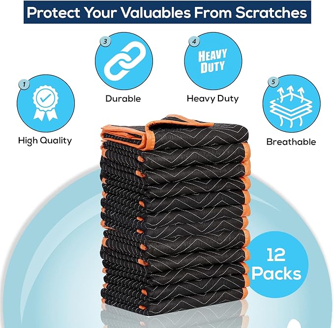 SIMPLI-MAGIC 79522 Heavy Duty Padded Moving Blankets, Orange/Black, 72” x 80”, 6 Pack