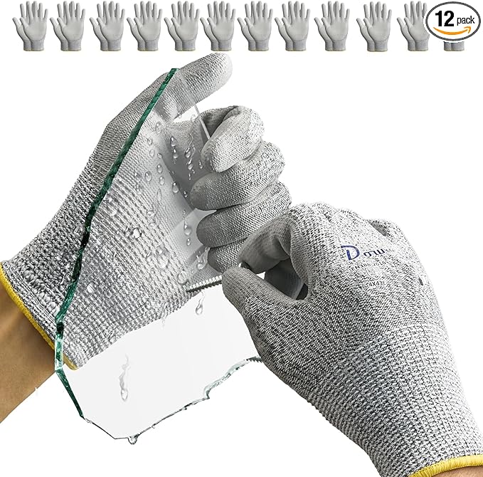 Dowellife 12 Pairs Level 5 Cut Resistant Work Gloves for Men and Women, PU Coated Breathable Gardening Gloves, Thin Flexible and Firm Grip for Mechanics and Fishing (Small, Grey)