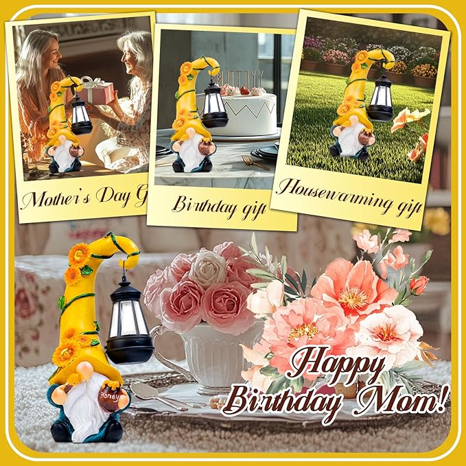 Birthday Gifts for Mom Grandma Woman 12" Solar Sunflower Gnome Garden Statues Honey Bee Jar Decor with LED Lantern Outdoor Gnomes Decorations Patio Yard Balcony Art