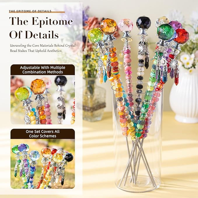 DIY Beaded Garden Stakes, Fairy Wand Garden Stake Decorative Kit with Healing Crystal Pendant, Sun Wheel Accessories,12 in Rod, Crystal Top, Large Holes Bead for Holidays Outdoor&Indoor Decorative