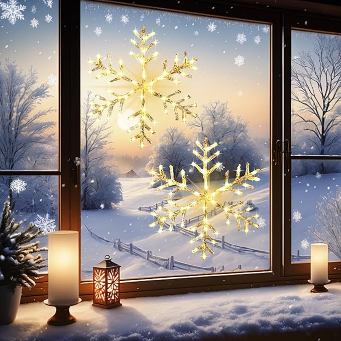 Christmas Window Snowflake Lights Decorations, Battery Operated Led Hanging Iron Lights, 8 Lighting Modes for Home Bedroom Indoor Outdoor Wall Holiday Decor (Warm White, 2 Pack)