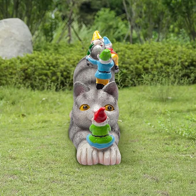 Adorable Cat with Gnomes Garden Statue, Hand-Painted Resin Outdoor Decor for Patio & Lawn, Unique Gift for Cat Lovers & Mothers, Weatherproof Yard Ornament