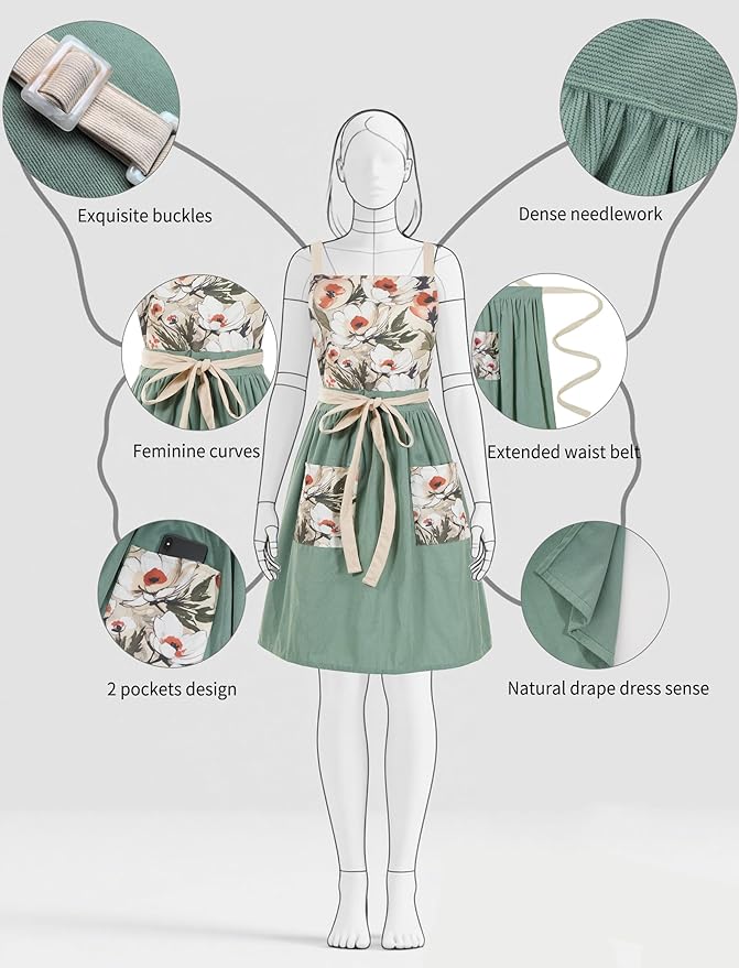 Vintage Pinafore Apron Dress for Women with Pockets Cute Floral Chef Aprons for Kitchen Cooking Baking Gardening