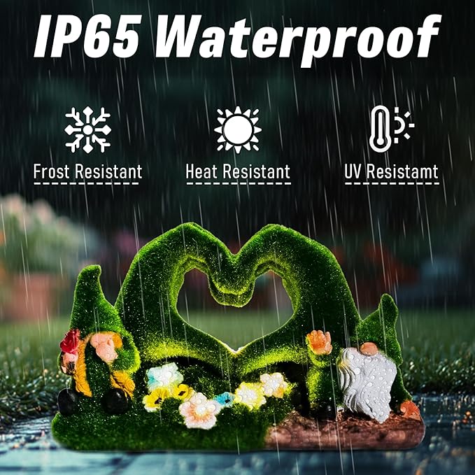 Solar Garden Gnome Decor Heart-Shaped Fairy Tale Outdoor Statue, Gifts for Women Mom Grandma Senior Elder, Green Resin Flocked Gnomes Decoration for Lawn, Patio, Yard