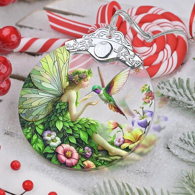 Fairy & Hummingbird Christmas Ornament - Stained Glass Hanging Decor - Tree Decoration - Gifts for Women, Her, Mom