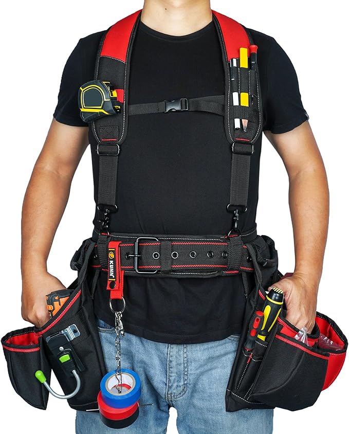 KUNN Tool Belt with Suspenders - Pro Framer Belt/Suspenders Combo Apron(Removable Pouch and Waist Belt) with Multiple Pockets & Hammer Holder for Carpenter,Construction and Electrician,Red