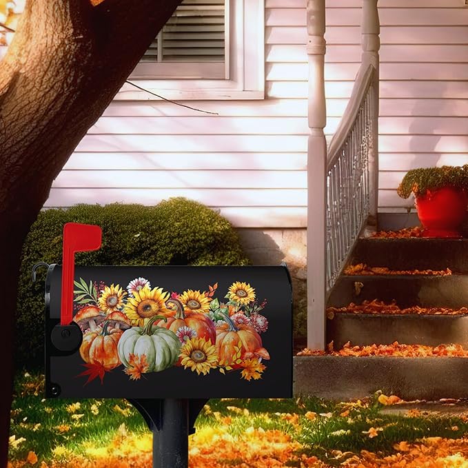 Fall Magnetic Large Size Thanksgiving Pumpkin Mailbox Cover With Maple Leaves - Waterproof Decor Flower Wraps for Garden Oversize 25.5 x 21 Inch