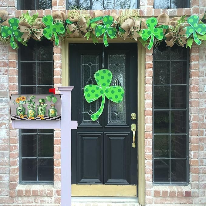 Irish St. Patrick's Day Shamrock Mailbox Cover, Green Clover Bottle Magnetic Mailbox Cover, 21x18 in Sunflower Hat Balloon Mailbox Wrap Decorative for Garden Yard Home
