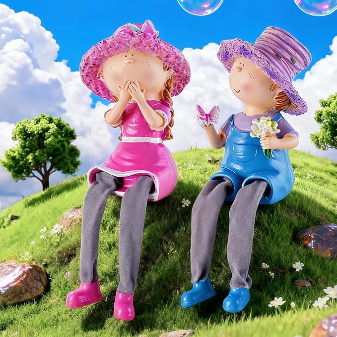 Lavender Outdoor Garden Resin Couple Statues (Boy & Girl with Cloth Legs), Suitable for Patio, Garden & Courtyard Decor, Indoor Love-Themed Ornament, Ideal Gift for Parents & Friends