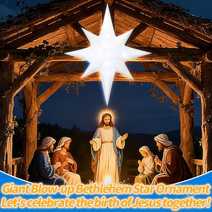 6FT Christmas Inflatable Bethlehem Star Outdoor Decorations Giant Blow Up Hanging Christmas Star Ornaments Winter Inflatables Built-in 5 LED Lights for Xmas Party Supplies Window Roof Wall Yard Decor