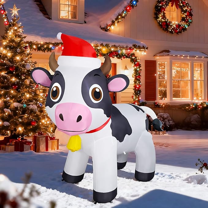 Lulu Home 6FT Christmas Inflatables Cow, Giant Blow Up Dairy Cattle Wearing Santa Hat with Built-in LED Lights, Air-Blown Highland Cow Decoration for Yard Indoor Outdoor Xmas Holiday Display