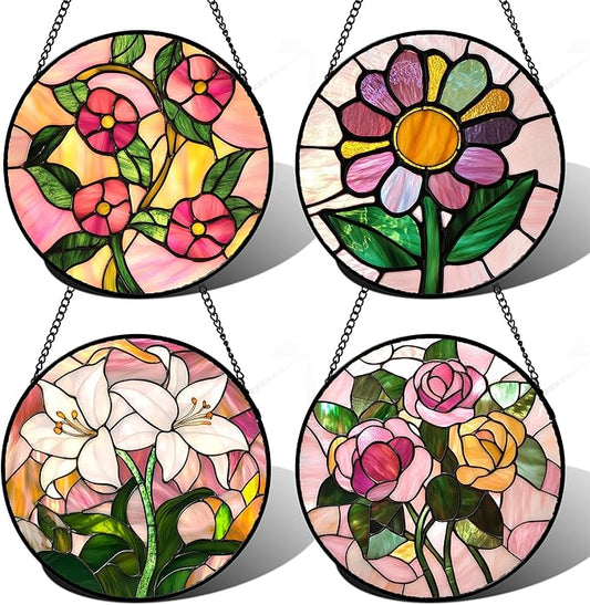 Stained Glass Window Hanging 4 Pcs Set Pink Floral Theme Large 11.8" - Flowers Suncatcher Door Garden Sun Catcher Decor Birthday Christmas for Mom Woman Nana Men Friend