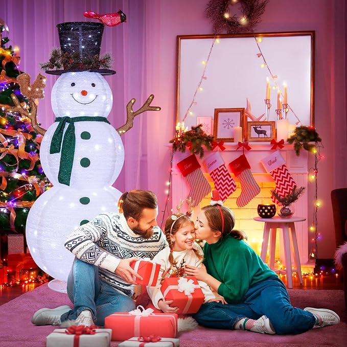 6FT Lighted Snowman Outdoor Christmas Decorations with Reinforced Base, Pop-Up Christmas Décor with Build-in 200 LED Lights, Collapsible Snowman with Top-Hat Scarf, Decoration for Lawn Yard