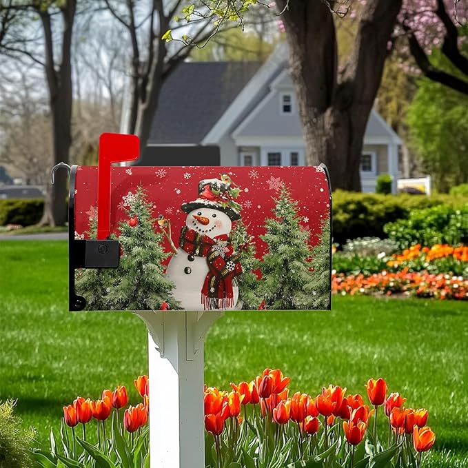 Christmas Snowman Mailbox Covers Winter Red Snowman Magnetic Mailbox Covers Xmas Tree Mail Box Wraps Standard Size 21x18 inch Home Decor Outdoor Yard Decoration for Garden