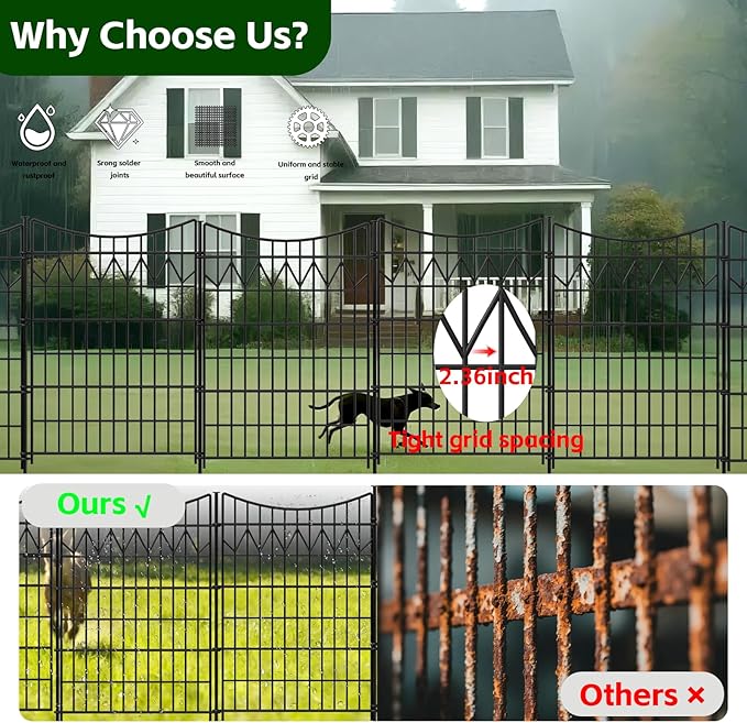 12 Panels Outdoor Dog Fence with gate, 36in(H)×27ft(L) Tall Decorative No Dig Fence | Rustproof Metal Fence Borders | Heavy Duty Reusable Defense Animal Barrier Fence for Yard, Patio, Black