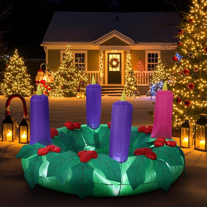 6ft Christmas Outdoor Large Inflatable Advent Wreath Blow up Decor with 4 Candles & LED Lights, Pre Filled Sandbags & Blower for Yard, Church, Lawn Decoration