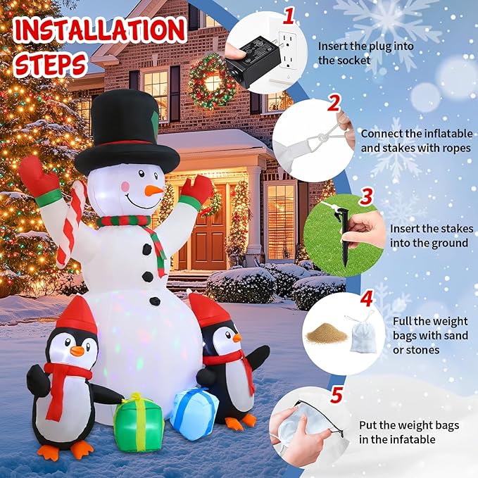 Christmas Inflatables 6FT Snowman Outdoor Yard Decorations, Christmas Blow up Snowman with Penguins and Giftboxes, Built-in Colorful Rotating LED Lights for Holiday Xmas Party Lawn Yard Garden