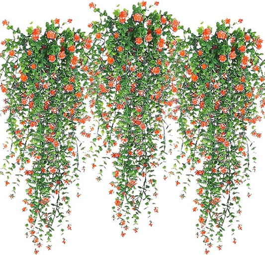 Artificial Hanging Flowers, 3 Pcs Fake Hanging Plants Decor, Artificial Vines for Outdoors, UV Resistant No Fade Artificial Plants Suitable for Indoor Decoration Outdoor Porch Courtyard (Orange)