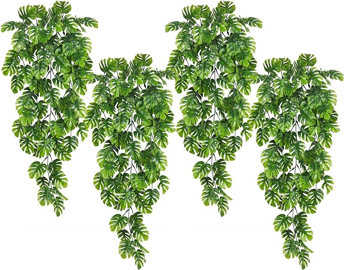 RECUTMS Artificial Hanging Plants 4Pcs, Fake Monstera Leaves Ivy Vine Faux Greenery UV Resistant Tropical Palm Leaf Swag Plant for Garden Home Jungle Hawaiian Luau Party Outdoor Indoor Spring Décor
