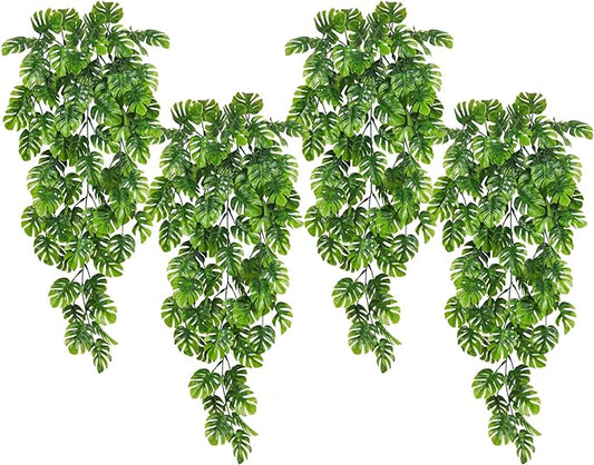RECUTMS Artificial Hanging Plants 4Pcs, Fake Monstera Leaves Ivy Vine Faux Greenery UV Resistant Tropical Palm Leaf Swag Plant for Garden Home Jungle Hawaiian Luau Party Outdoor Indoor Spring Décor