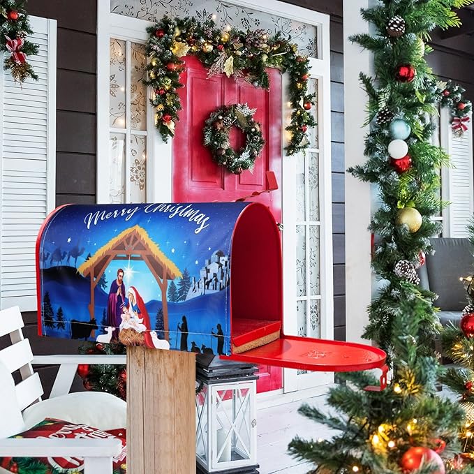 Blosssound Nativity Magnetic Mailbox Cover Merry Christmas Nativity Scene Mailbox Covers Decor Xmas Religious Blue Christmas Post Box Cover Standard Size 21 X18 Inch Garden Yard Outdoor Decoration