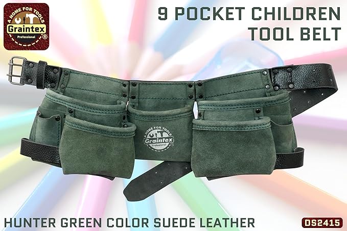 Graintex DS2415 :: 9 Pocket Children Tool Belt Hunter Green Color Suede Leather, Kids Real Tool Belt, Boys and Girls Tool Apron for Home Improvement, 1.1/2" Leather Belt, Hammer Loops