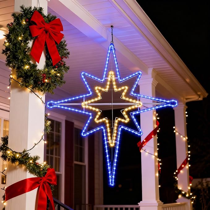Outdoor Christmas Star of Bethlehem Large LED Star Window Plug Operated Lighted for Xmas Wall Window Indoor Outside Home Street Store Holiday Decorations(43'',Warm, Blue Light)