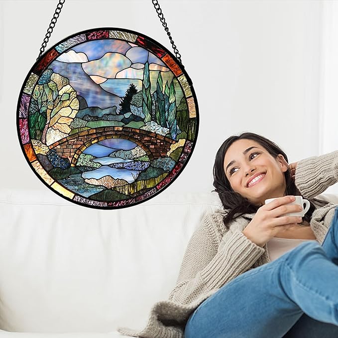 Stained Glass Window Hanging, Blue Landscape Arch Bridge Sun Catcher for Door Home Decor Suncatcher Christmas Mother's Day Birthday Gifts for Women Men Mom and Nana 9.8 in