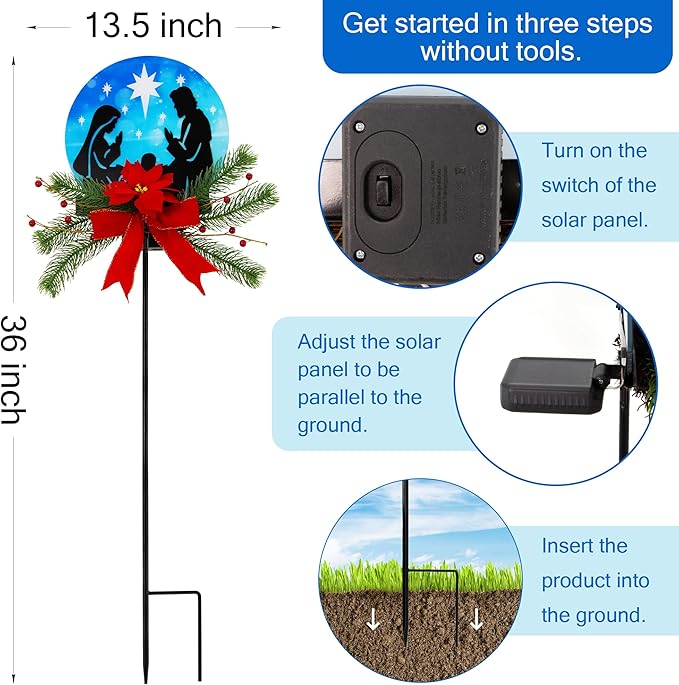 Nativity Scene Christmas Decorations Outdoor, 36" Jesus Solar Christmas Decor Metal Yard Stake, Outdoor Garden Decor Blue Stained Glass with Decorative Floral Christmas Decoration Gifts