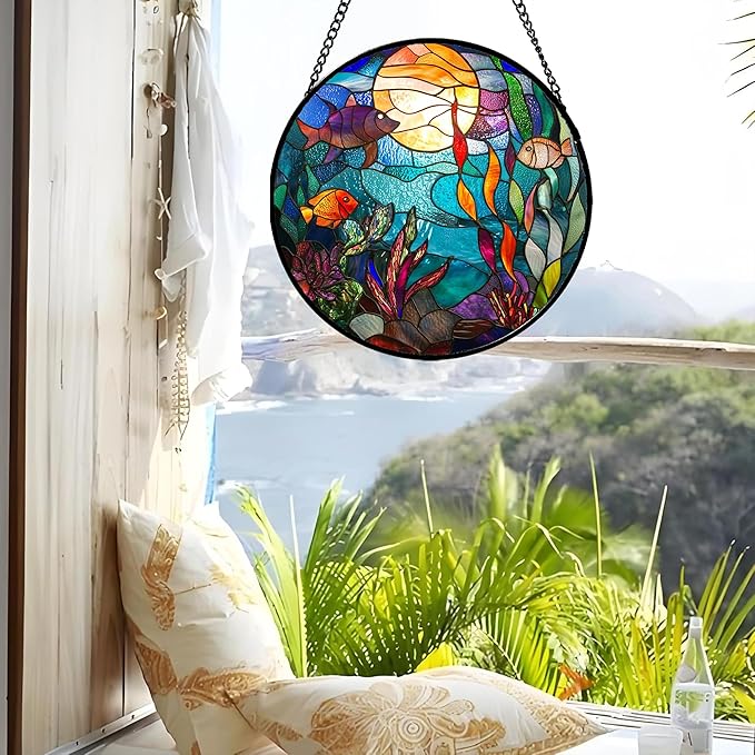 Stained Glass Window Hanging - Blue Ocean World Small Fish Coral Sun Catcher for Door Garden Home Decor Sea Suncatcher Christmas Mother's Day Birthday Gifts for Women Men Mom Nana 11.8 in