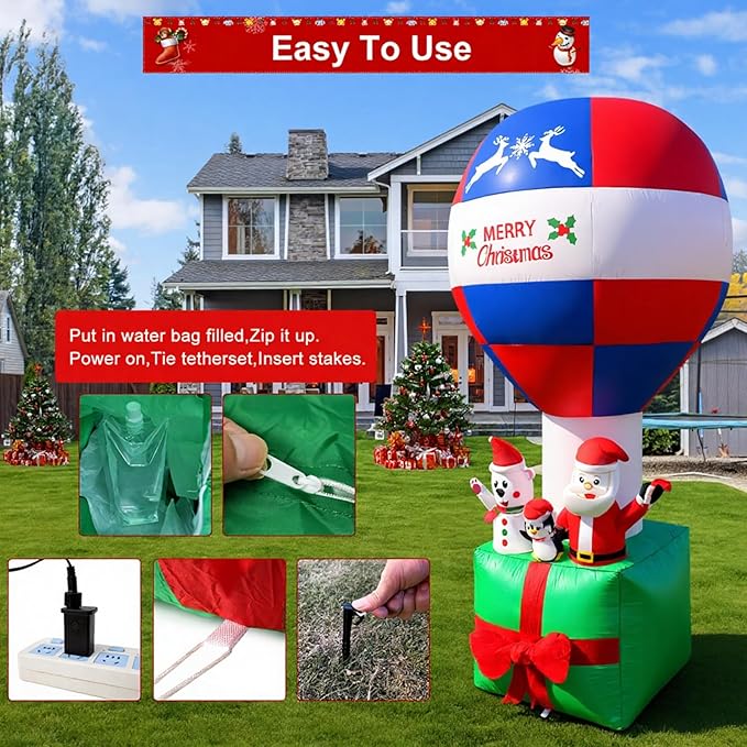 7FT Christmas Inflatable Hot Air Balloon Santa Decoration,Blow Up Outdoor Holiday Decor with Santa,Polar Bear and Penguin Figures,Built-in LED Lights Decoration for Xmas Party,Garden,Lawn,New Year