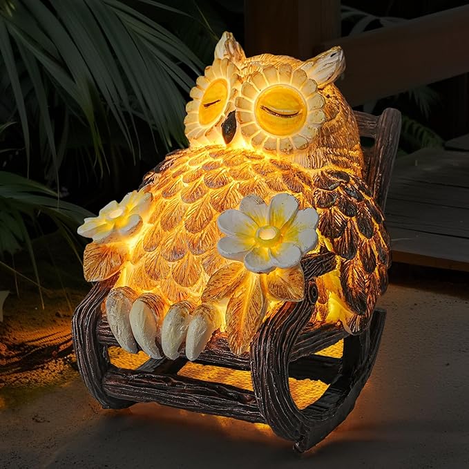 Light Up Owl on Chair Garden Sculpture, LED Solar Powered Owl Lying on The Chair, Cute Figurine Crafted Statue for Home Fireplace Outdoor Centerpiece Collection Decoration, 3x3x4 in