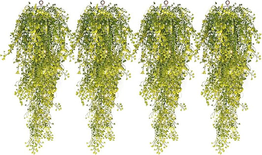 RECUTMS 4Pcs Artificial Hanging Ferns Plants with 30 Lights Fake Ivy Vine Faux Greenery Garland for Porch Fence Patio Yard Wedding Party Indoor Outdoor Decorations (Yellow)