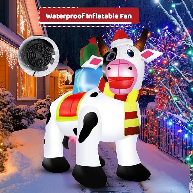 6 FT Outdoor Milk Cow Christmas Inflatables Decorations with Built-in LED Lights, Blow Up for Yard, Roof, Lawn