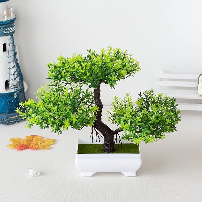 Mini Artificial Bonsai Tree Plants Artificial Plant Welcome Pine Tree with Plastic Cement Pots for Home Office Décor (Green)