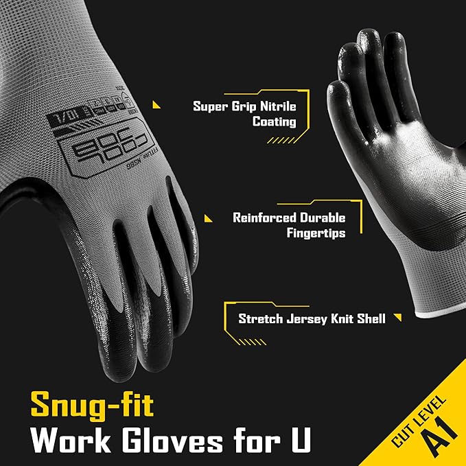 COOLJOB 20 Pairs Nitrile Dipped Safety Work Gloves with Grip, Non-slip Rubber Coated Bulk Garden Gloves for Men, Heavy-duty Oil Resistant for Truck Driver, Warehouse Box Handler, Xlarge, Gray