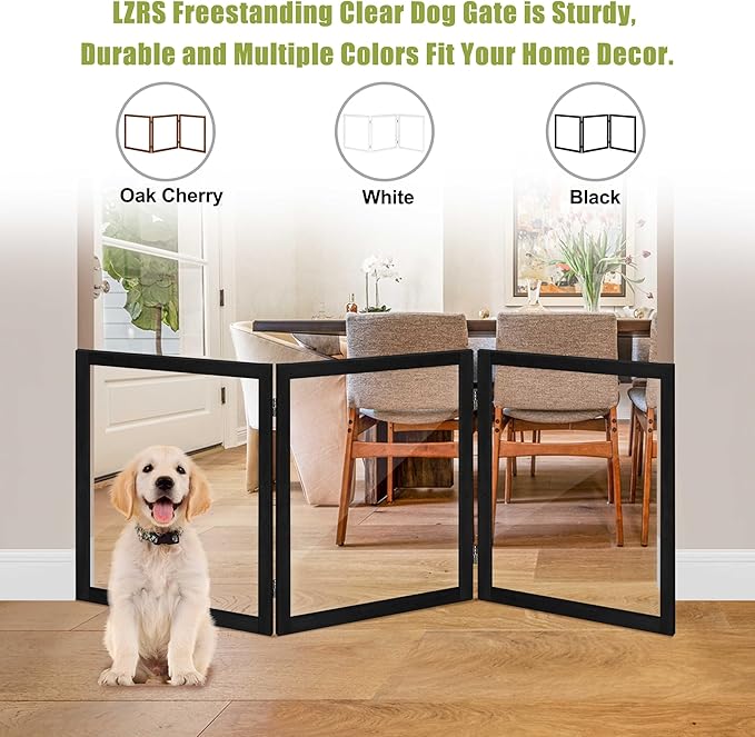 LZRS Clear Dog Gate for Indoor Use - Transparent Pet Fence with Solid Hardwood and Plastic Board, Stylish & Durable freestanding Pet Gate for Doorways, Stairs and Hallways-3 Panel Black