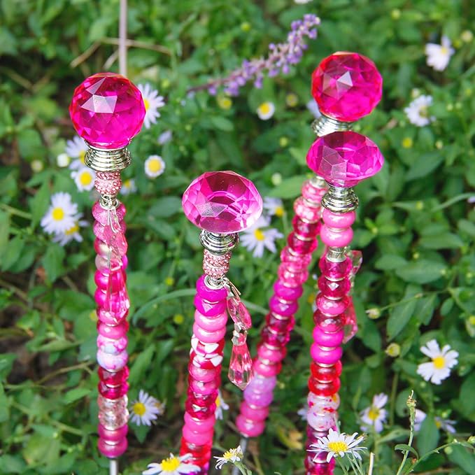 Exway 100 PCS DIY Fairy Wand Beaded Garden Stake Beads Kits with Rose Red Large Hole Beads 4 Crystal Stopper Top Threaded Rods and 4 Rose Red Sparkling Crystal Pendants for Outdoor Indoor Decor