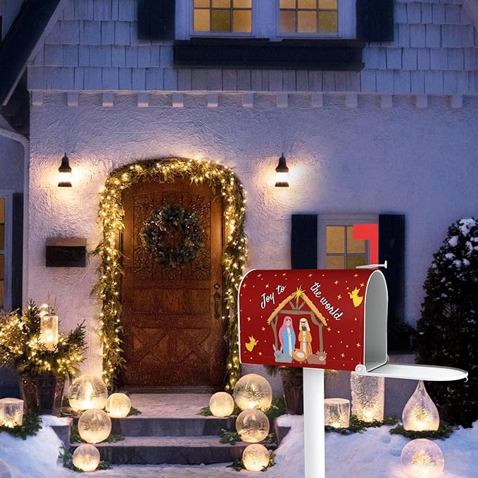 Chrismas Joy to The World Mailbox Cover, Winter Holiday Outdoor Magnetic Mailbox Cover, Post Letter Box Decor for Religious Xmas Jesus Nativity Scene Garden 25.5 X 21