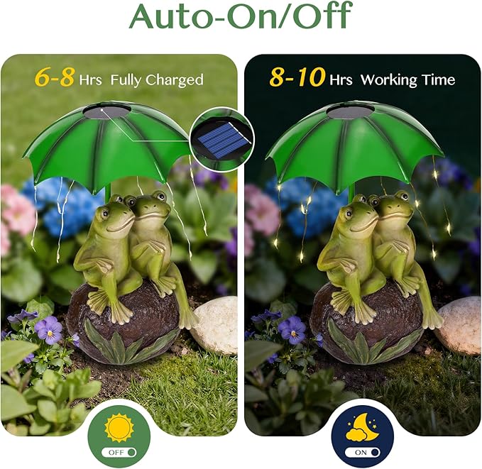 Solar Garden Statues Decor Frog Couple with LED Lights and Umbrella, Outdoor Garden Statues, Frog Statue for Patio, Balcony, Housewarming, Yard Ornaments Gifts for Women