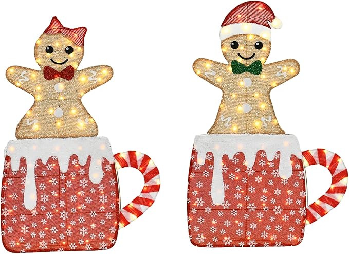 42" H Lighted Gingerbread Outdoor Christmas Decorations, Pre-lit Gingerbread Boy & Girl in Hot Cocoa Mug Ornament, 2D Holiday Decors for Lawn Porch Yards, 160 LEDs, Set of 2