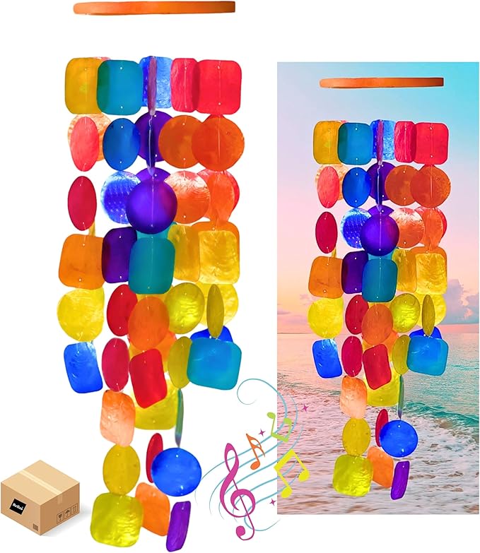 Bellaa Wind Chimes Outdoor, Garden Decorations, Musical, Indoor/Outside Windchimes, Beach, Ocean, Breeze, Gifts for Mom, Gift for All Occasions, Capiz Sea Glass Shells Wood 1 Rainbow