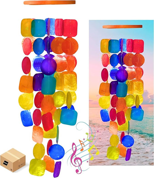 Bellaa Wind Chimes Outdoor, Garden Decorations, Musical, Indoor/Outside Windchimes, Beach, Ocean, Breeze, Gifts for Mom, Gift for All Occasions, Capiz Sea Glass Shells Wood 1 Rainbow