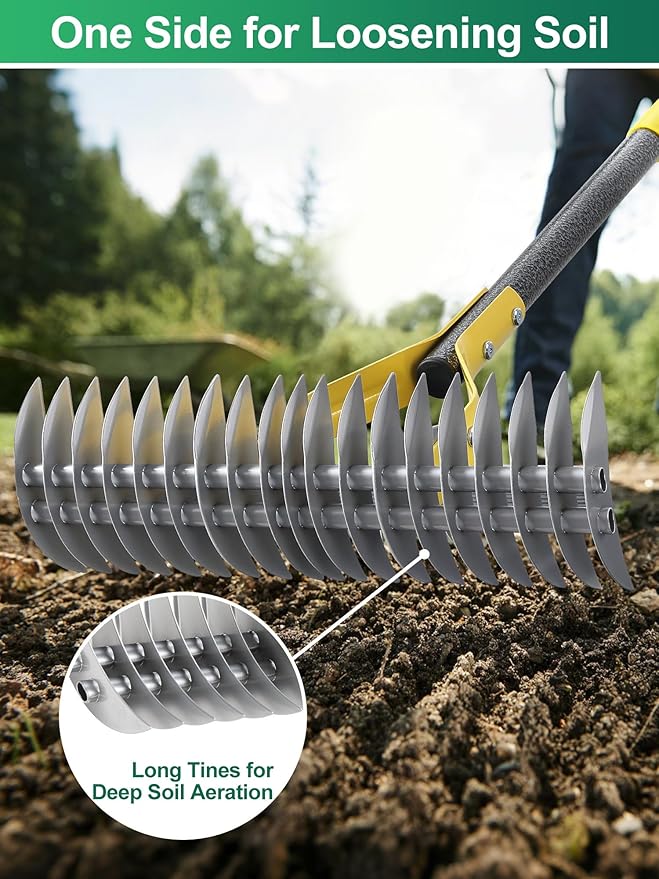 Thatch Rake, 2-in-1 Lawns Manual Dethatcher with Adjustable Head, 70" Heavy Duty Metal Dethatching Rake Garden Tools, 19-Tooth Sharp Blade for Yard Dead Grass, Moss Removal, Soil Loosening