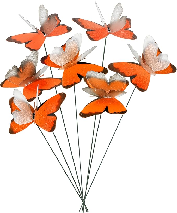 Handmade Orange Butterfly Garden Stakes Set of 7 - Decorative Outdoor & Indoor Plant Decor - Nature Lover Gift Idea by Air Aquarium Kushner