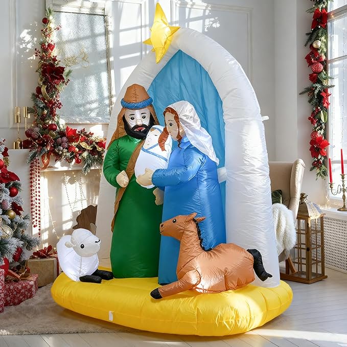 6 Feet Indoor Outdoor Nativity Scene Inflatable Christmas Decor , LED Lights Holiday Garden Yard Lawn Decoration, Xmas Blow up Decoration,Featuring Mary Joseph Baby Jesus with Cute Sheep and Deer