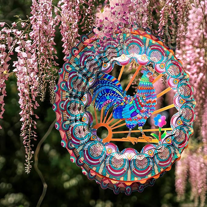 Rooster Wind Spinner - 3D Kinetic Chicken Wind Spinners | 12-Inch Rustproof Metal Hanging Sculpture, Outdoor Garden & Patio Decor, Unique Gifts for Dad, Mom, Men, Women