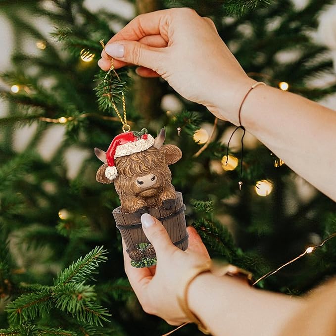 Christmas Highland Cow Figurines Decor, 3 PCS Small Christmas Cows Hidden in Barrel/Bucket/Gift Box, Hanging Ornaments Xmas Resin Statue for Garden Bathroom Kitchen Home Table Decorations